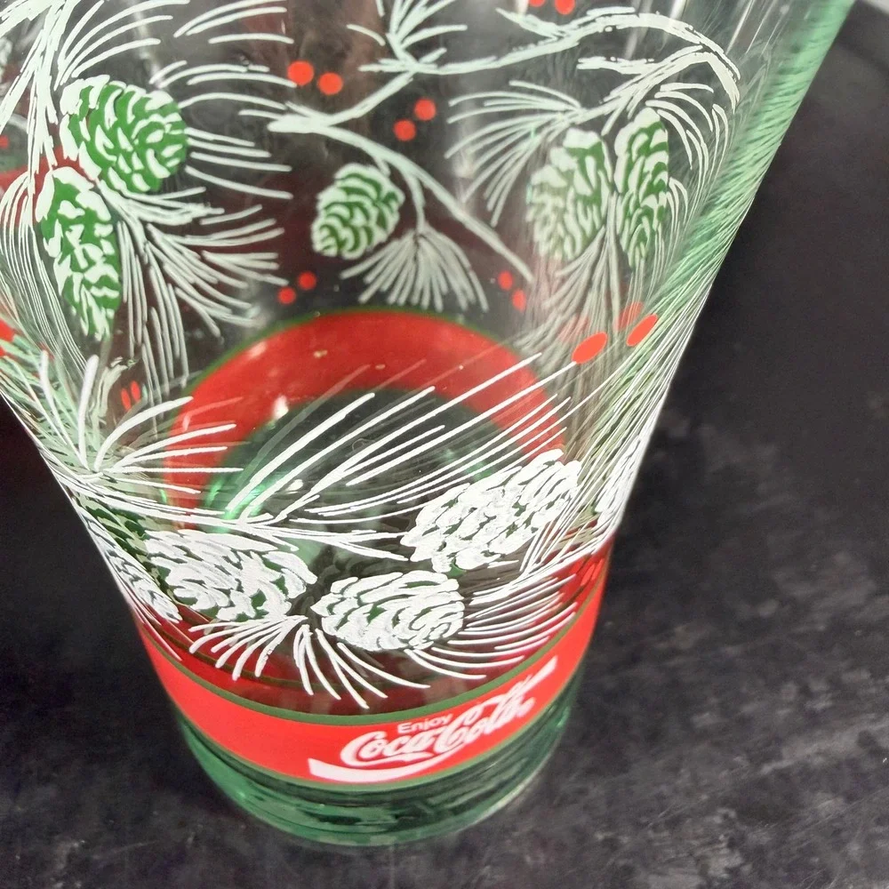 Vintage Coca-Cola Christmas Glasses Set of 4 Georgia Green Pinecone Holiday Logo